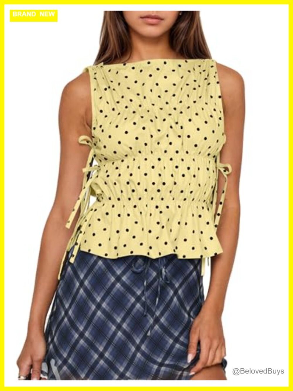 Women Polka Dot Sleeveless Peplum Tank Top with Bow Tie Ruched Smocked